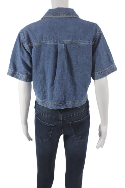 Zara Women Cropped Button Up Cotton Collared Short Sleeve Blouse Blue Size S