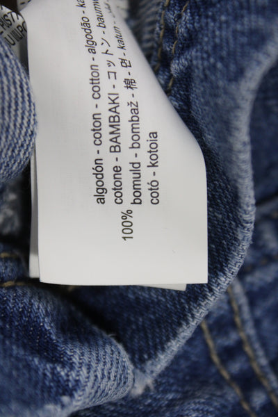 Zara Women Cropped Button Up Cotton Collared Short Sleeve Blouse Blue Size S