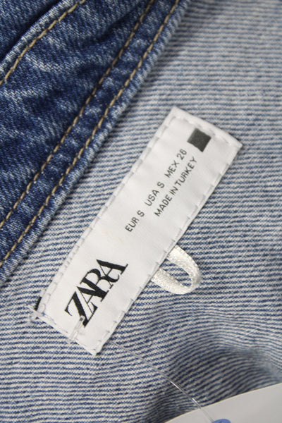 Zara Women Cropped Button Up Cotton Collared Short Sleeve Blouse Blue Size S