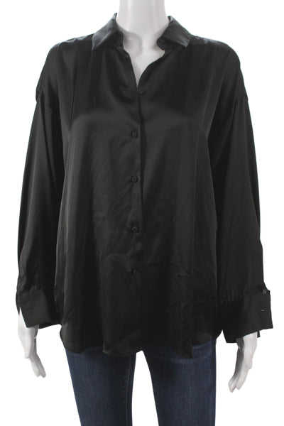 Zara Women Basic Collared Black Button Up Blouse Long Sleeve Polyester Size M