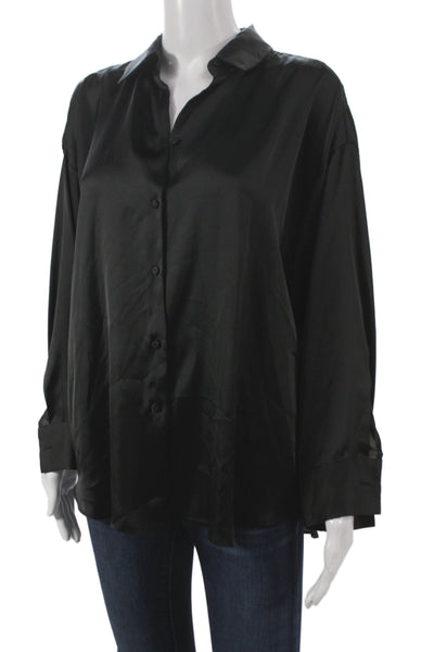 Zara Women Basic Collared Black Button Up Blouse Long Sleeve Polyester Size M