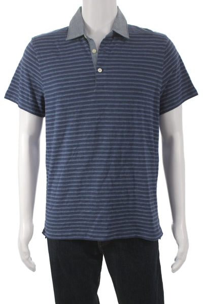 J Crew Mens Polo Striped Dark Blue Collared 100% Cotton Short Sleeve Size M