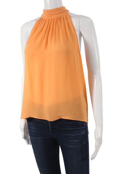 Designer Women High Neck Tie Sleeveless Blouse Orange Polyester Size S