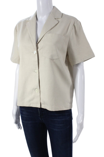 Toccin Women Collared Button-Up Short Sleeve Beige Tencel Linen Size XS