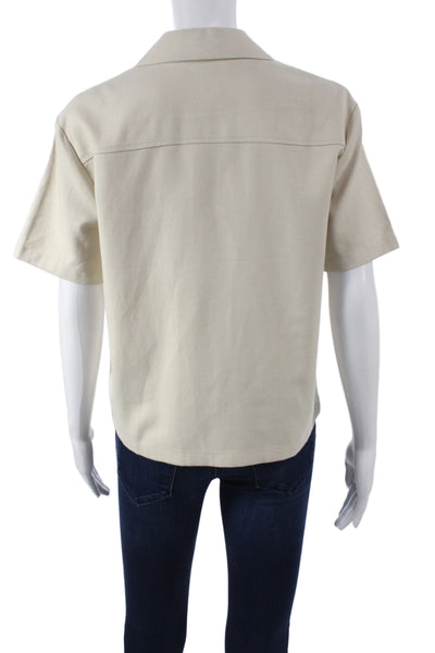 Toccin Women Collared Button-Up Short Sleeve Beige Tencel Linen Size XS