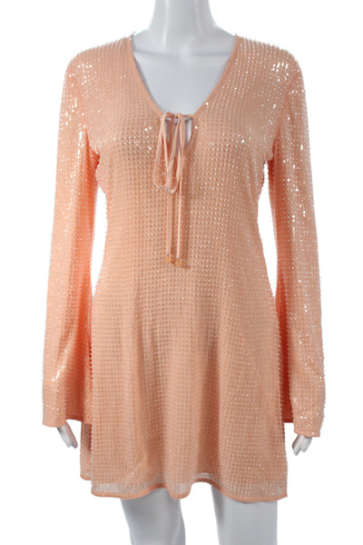 Toccin Womens Pink Sequin V-Neck Shift Dress Long Sleeve Drawstring Size S