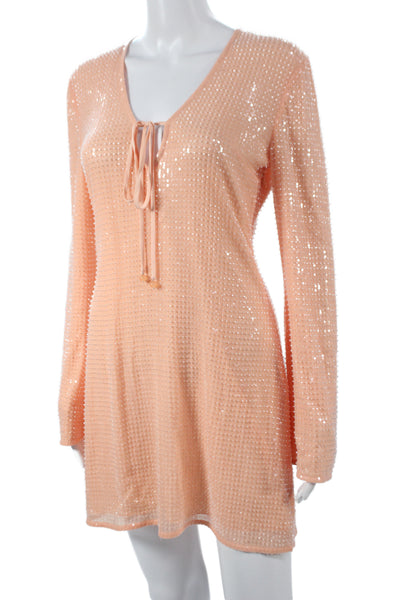 Toccin Womens Pink Sequin V-Neck Shift Dress Long Sleeve Drawstring Size S