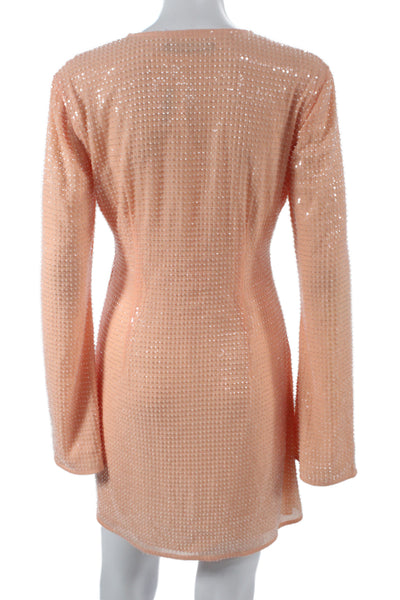Toccin Womens Pink Sequin V-Neck Shift Dress Long Sleeve Drawstring Size S