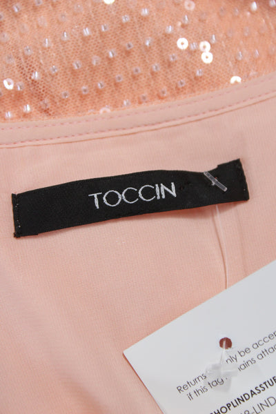 Toccin Womens Pink Sequin V-Neck Shift Dress Long Sleeve Drawstring Size S