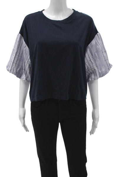 Ramy Brook Womens Cropped T-Shirt Dark Blue Short Sleeve Crew Neck Size L