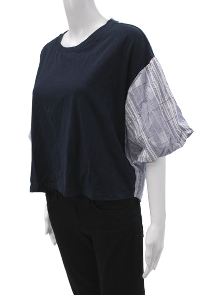 Ramy Brook Womens Cropped T-Shirt Dark Blue Short Sleeve Crew Neck Size L