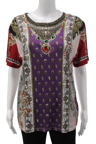 Etro Womens Purple Paisley Cotton Poly Tunic Short Sleeve Round Neck Size 44