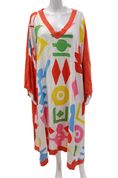 Rianna + Nina Women Orange Geometric V-Neck Midcalf Long Sleeve Kaftan Size S