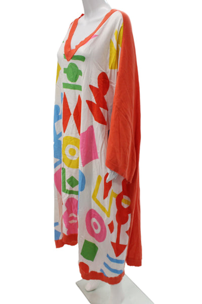 Rianna + Nina Women Orange Geometric V-Neck Midcalf Long Sleeve Kaftan Size S