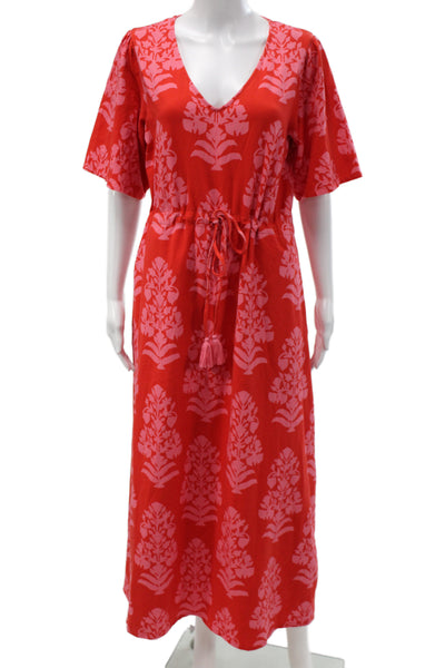 Spartina 449 Women Maxi Kaftan V-Neck Floral Short Sleeve Red Dress Size M