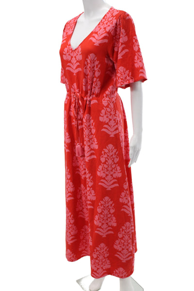 Spartina 449 Women Maxi Kaftan V-Neck Floral Short Sleeve Red Dress Size M