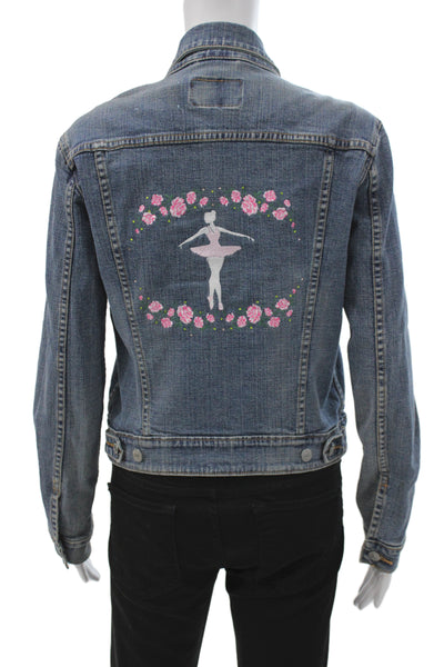 Levi Strauss & Co Womens Floral Denim Collared Button Jacket Long Sleeve Size S