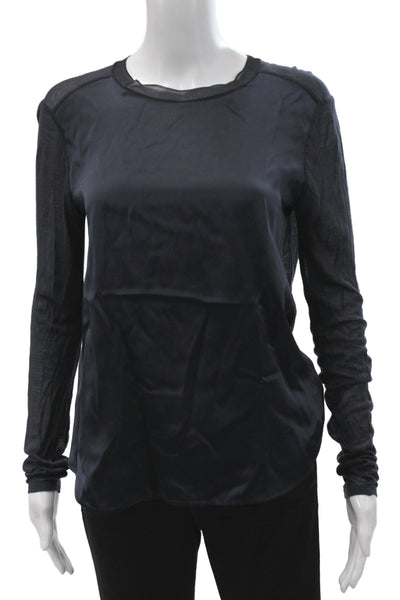 Vince Women Silk Crew Neck Long Sleeve Blouse Dark Blue Size XS