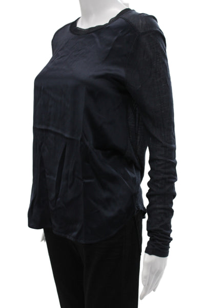 Vince Women Silk Crew Neck Long Sleeve Blouse Dark Blue Size XS