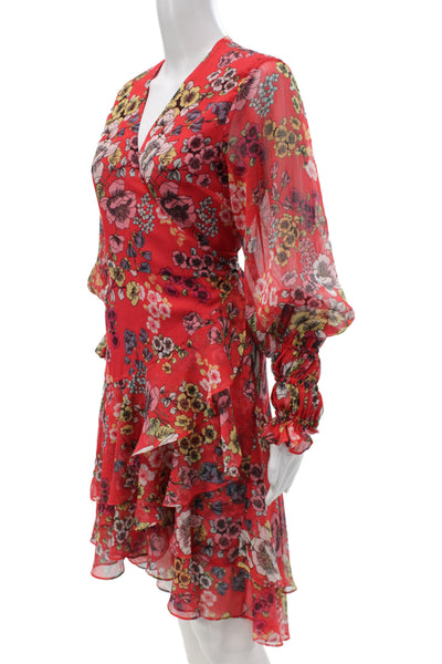 Alexis Women Wrap Dress Red Floral V-Neck Long Sleeve Short Size M