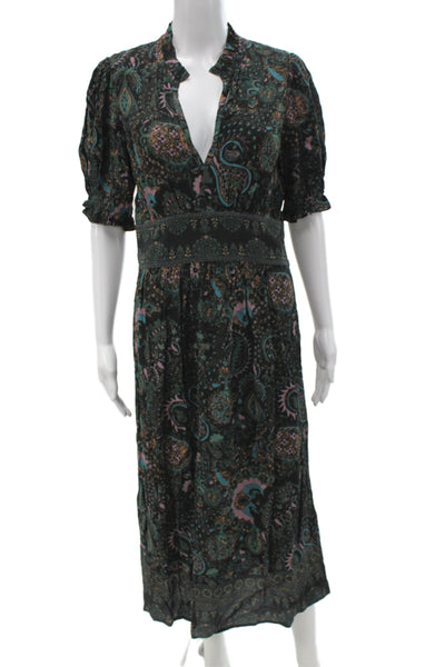 Ba&Sh Womens Paisley V Neck Maxi Shirt Dress Short Sleeve Black Size 1