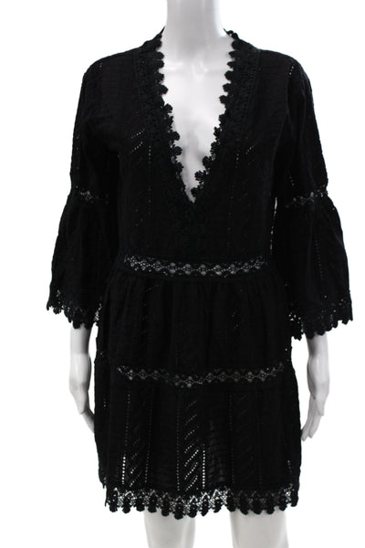 Melissa Odabash Womens Kaftan Mini Dress Black V-Neck 3/4 Sleeve Cotton Size XS