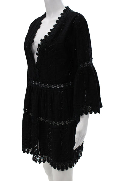 Melissa Odabash Womens Kaftan Mini Dress Black V-Neck 3/4 Sleeve Cotton Size XS