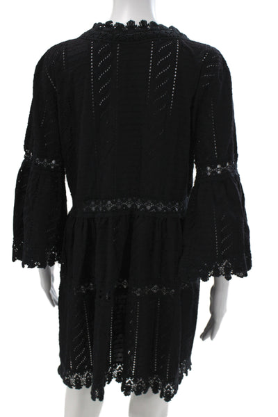 Melissa Odabash Womens Kaftan Mini Dress Black V-Neck 3/4 Sleeve Cotton Size XS