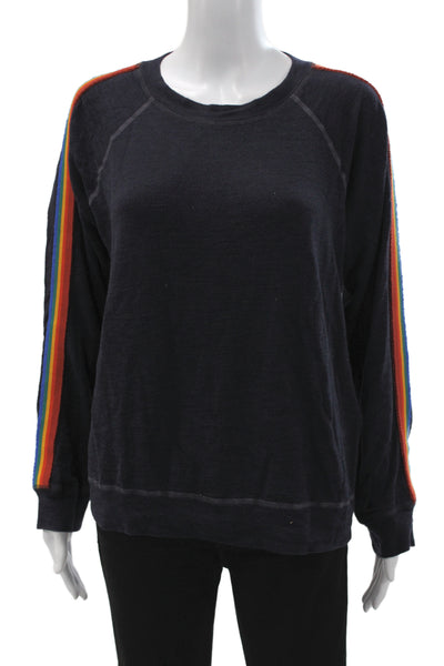 Monrow Women Pullover Sweatshirt Striped Dark Blue Crew Neck Rainbow Size S