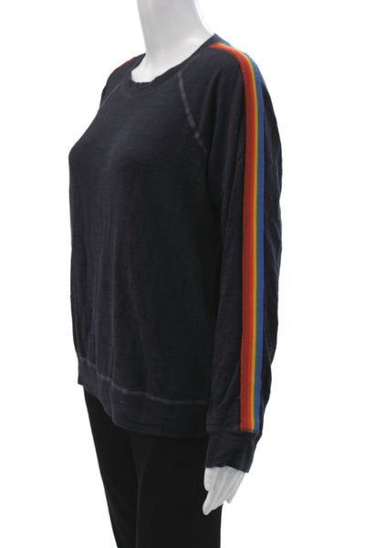 Monrow Women Pullover Sweatshirt Striped Dark Blue Crew Neck Rainbow Size S