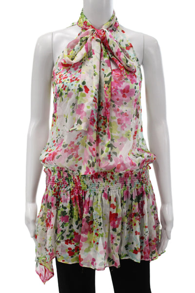 Zara Woman Womens Green Silk High Neck Floral Tie Sleeveless Blouse Size S