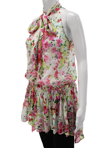 Zara Woman Womens Green Silk High Neck Floral Tie Sleeveless Blouse Size S