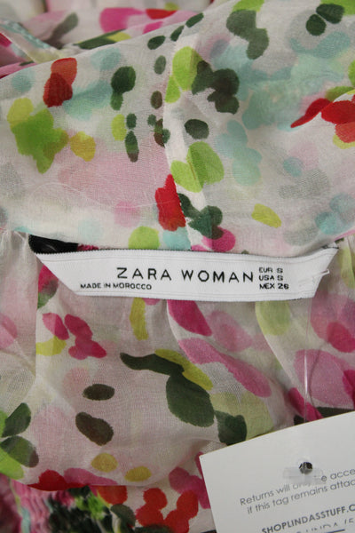 Zara Woman Womens Green Silk High Neck Floral Tie Sleeveless Blouse Size S