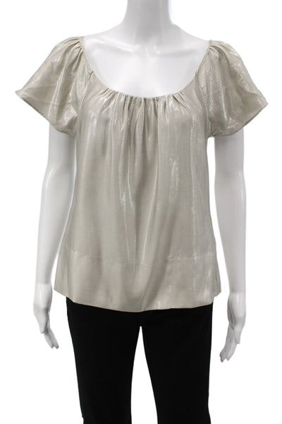 Madison Marcus Women Beige Silk Metallic Button Short Sleeve Blouse Size XS
