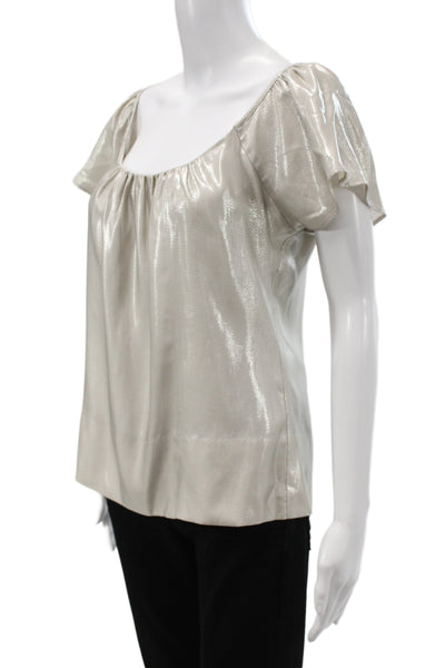 Madison Marcus Women Beige Silk Metallic Button Short Sleeve Blouse Size XS