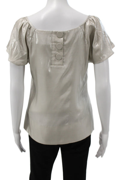 Madison Marcus Women Beige Silk Metallic Button Short Sleeve Blouse Size XS