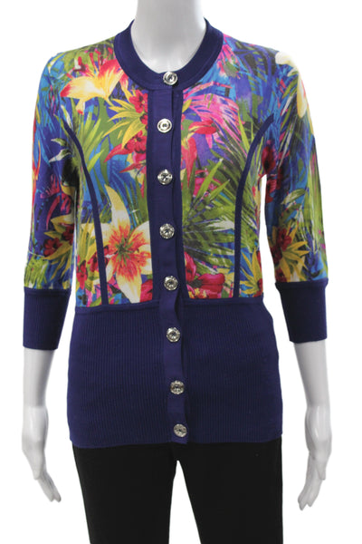 Karen Millen Unisex Dark Blue Floral Cardigan 3/4 Sleeve Crew Neck Size 4