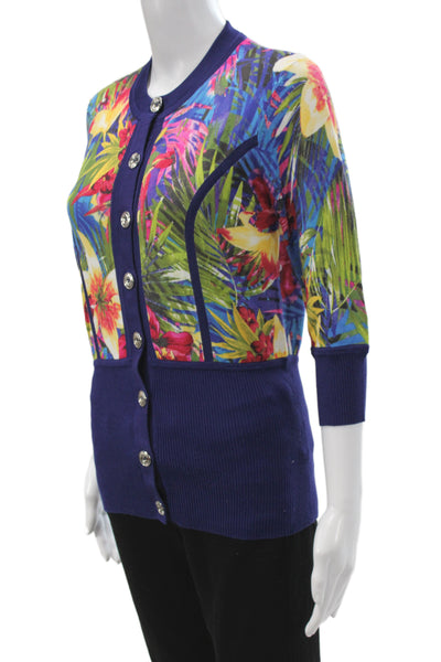 Karen Millen Unisex Dark Blue Floral Cardigan 3/4 Sleeve Crew Neck Size 4