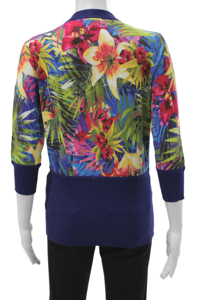 Karen Millen Unisex Dark Blue Floral Cardigan 3/4 Sleeve Crew Neck Size 4