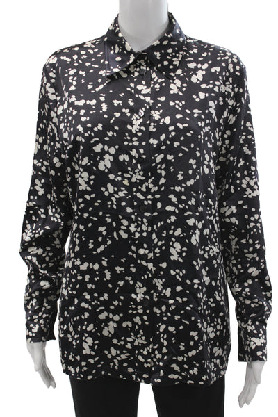Laurel Women Collared Silk Metallic Button Up Blouse Long Sleeve Black Size 40