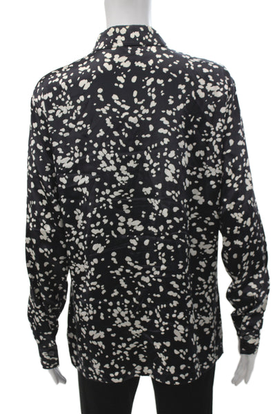 Laurel Women Collared Silk Metallic Button Up Blouse Long Sleeve Black Size 40