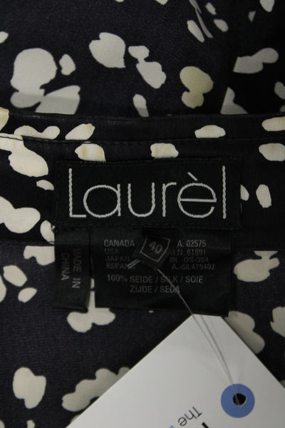 Laurel Women Collared Silk Metallic Button Up Blouse Long Sleeve Black Size 40