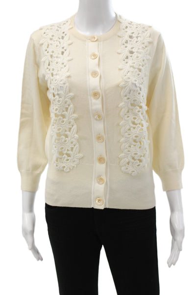 Karen Millen Womens Cardigan Wool Ivory 3/4 Sleeve Crew Neck Size 4