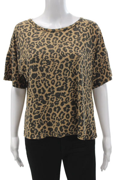 LNA Women Leopard Print Jersey T-Shirt Beige 100% Cotton Size L