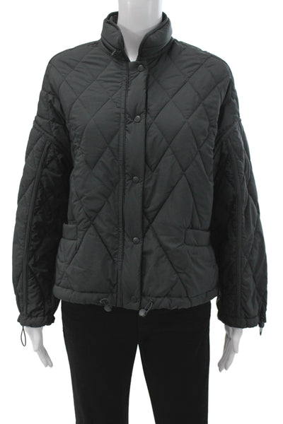 Zara Women Quilted Puffer Jacket Black High Neck Argyle Button Size M