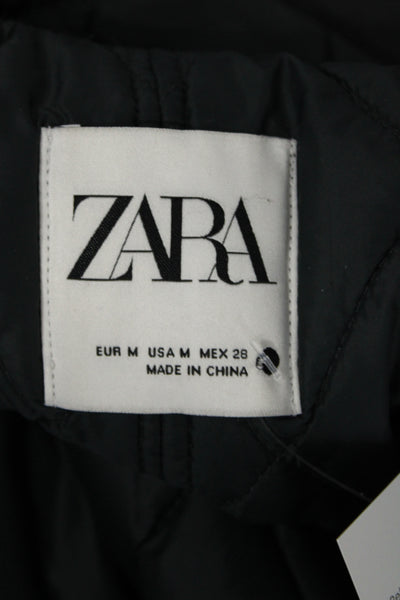 Zara Women Quilted Puffer Jacket Black High Neck Argyle Button Size M