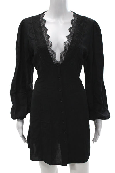 Zara Womens Gothic Black Cotton Lace V Neck Long Sleeve Shirt Dress Size XL
