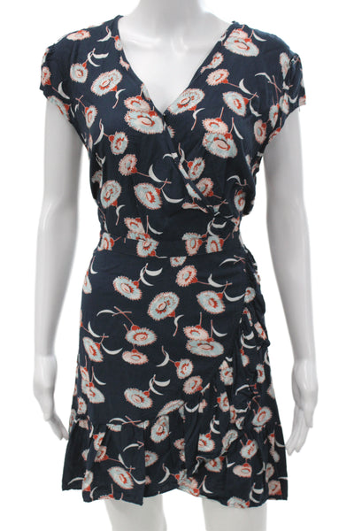 J Crew Women Floral V Neck Wrap Mini Dress Dark Blue Short Sleeve Size 12
