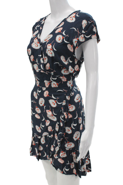 J Crew Women Floral V Neck Wrap Mini Dress Dark Blue Short Sleeve Size 12