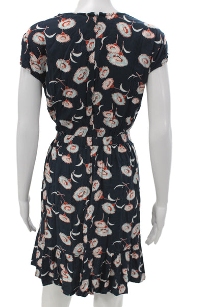 J Crew Women Floral V Neck Wrap Mini Dress Dark Blue Short Sleeve Size 12